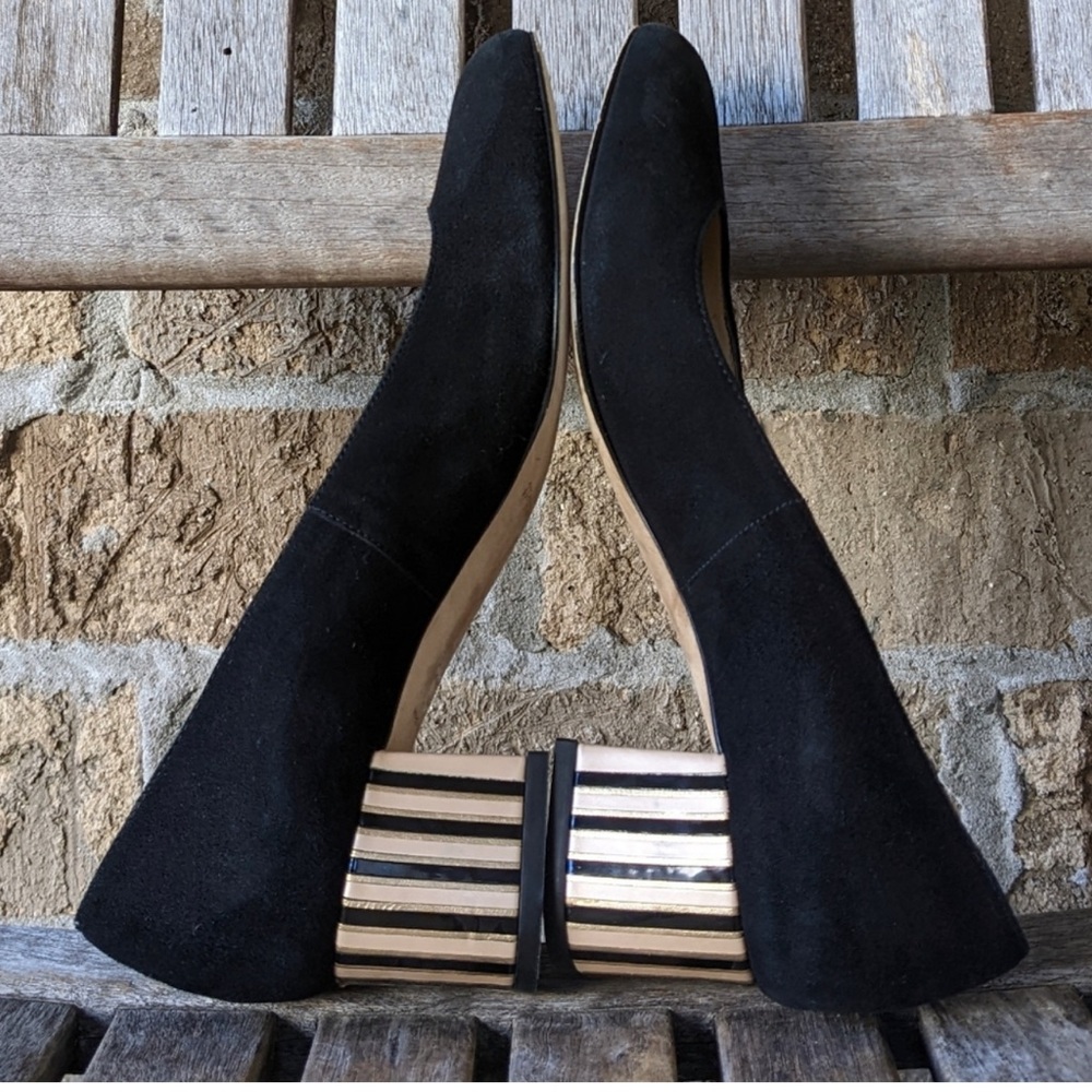 L. K. Bennett Maisy Block Heeled Court Shoes Black Suede Striped Euro 40